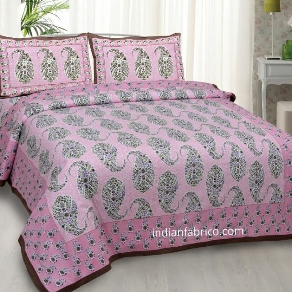 Beautiful Pink Base Seashell Print Double Bedsheet with 2 Pillow Covers