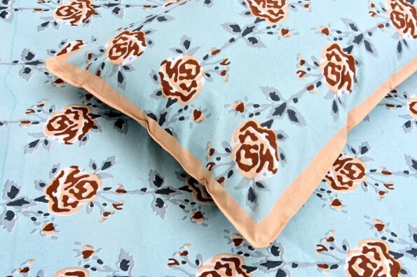 Ethnic Jaipuri Brown Flower Print Sky Color Double Bed Sheet Closeup