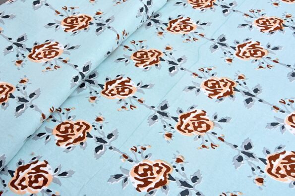 Ethnic Jaipuri Brown Flower Print Sky Color Double Bed Sheet Lookout