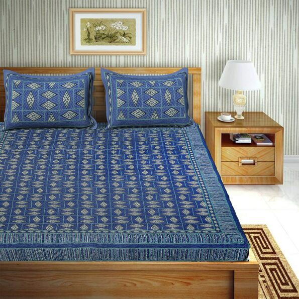 Geometric Blue colour Cotton Double Bedsheet