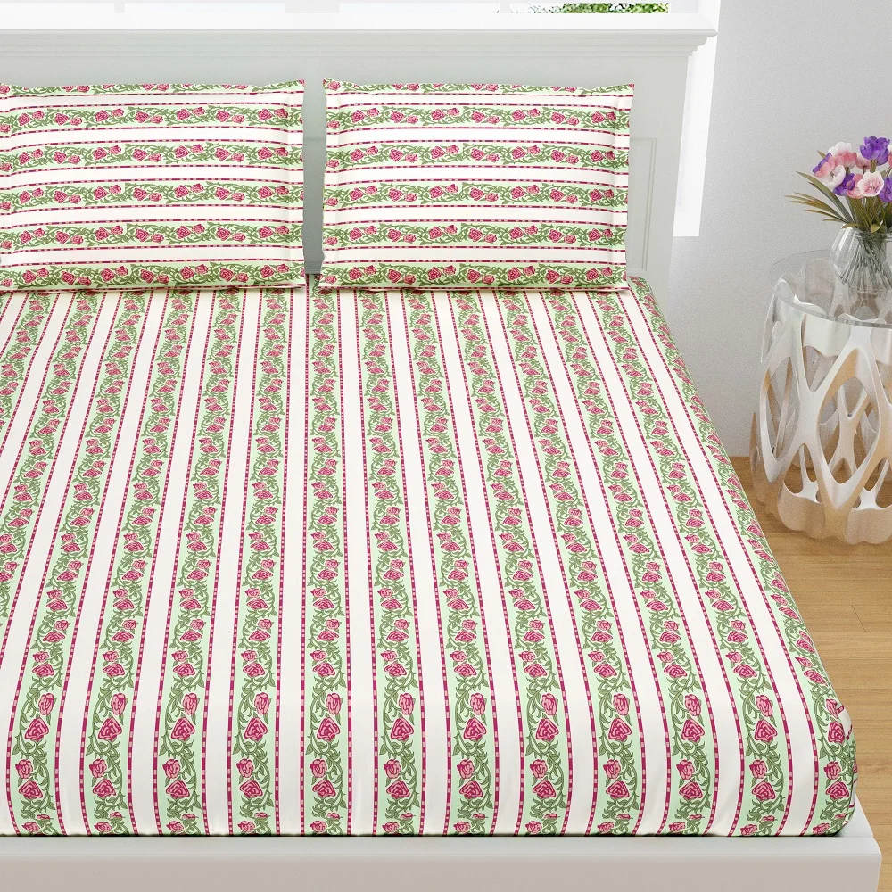 Multicolor Floral Stripes King Size Bedsheet
