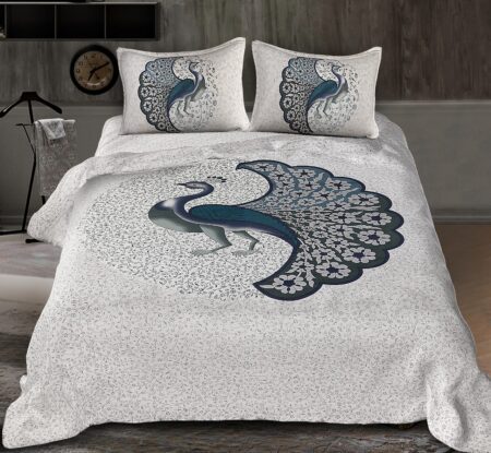 Twill Dancing Blue Peacock King Size Double Bedsheet