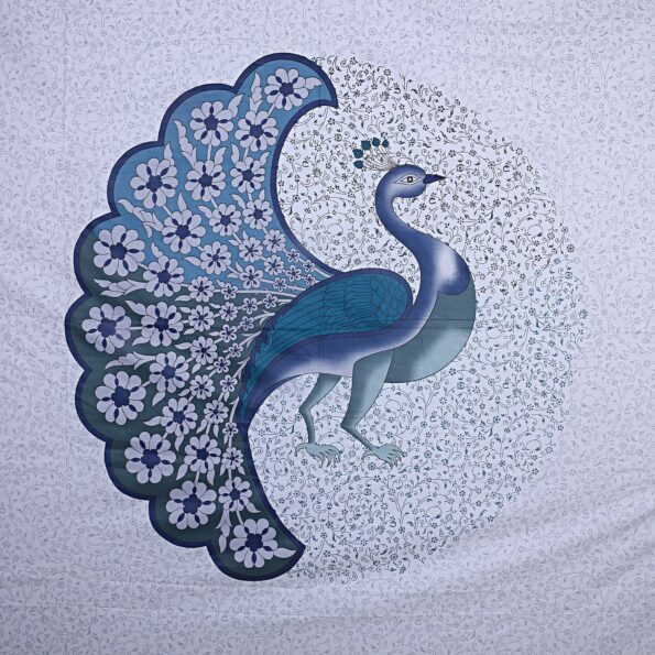Twill Dancing Blue Peacock King Size Double Bedsheet Closeup