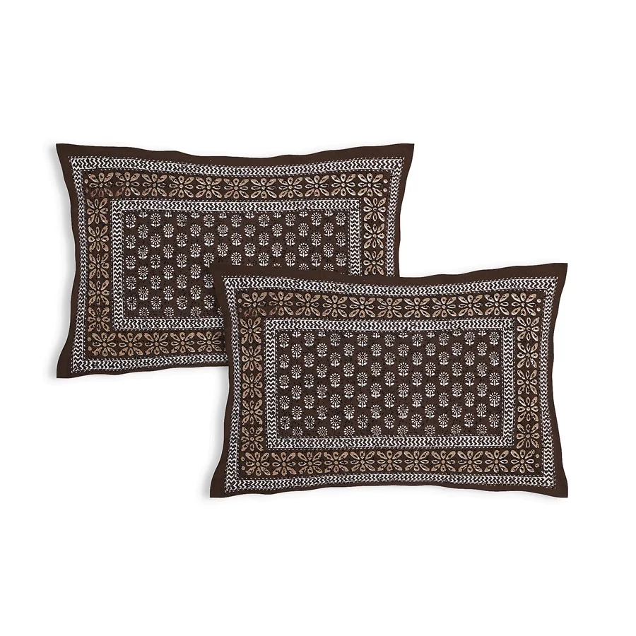 Brown Dabu Motif Print Diwan Size Bedsheet with 2 Pillow Cover