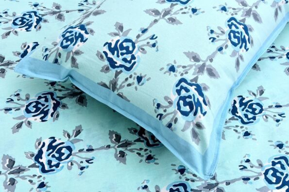 Ethnic Jaipuri Blue Flower Print Sky Color Double Bed Sheet Close up