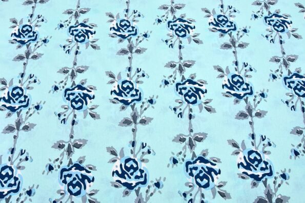Ethnic Jaipuri Blue Flower Print Sky Color Double Bed Sheet Closer