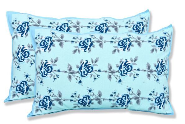 Ethnic Jaipuri Blue Flower Print Sky Color Double Bed Sheet Pillow
