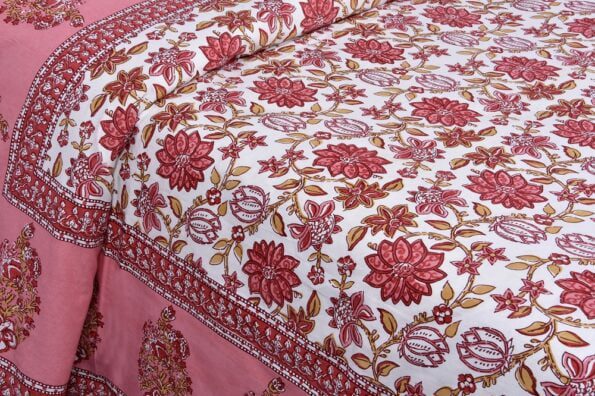 Ethnic Jaipuri Pink Flowery Print Double Bed Sheet Closeup