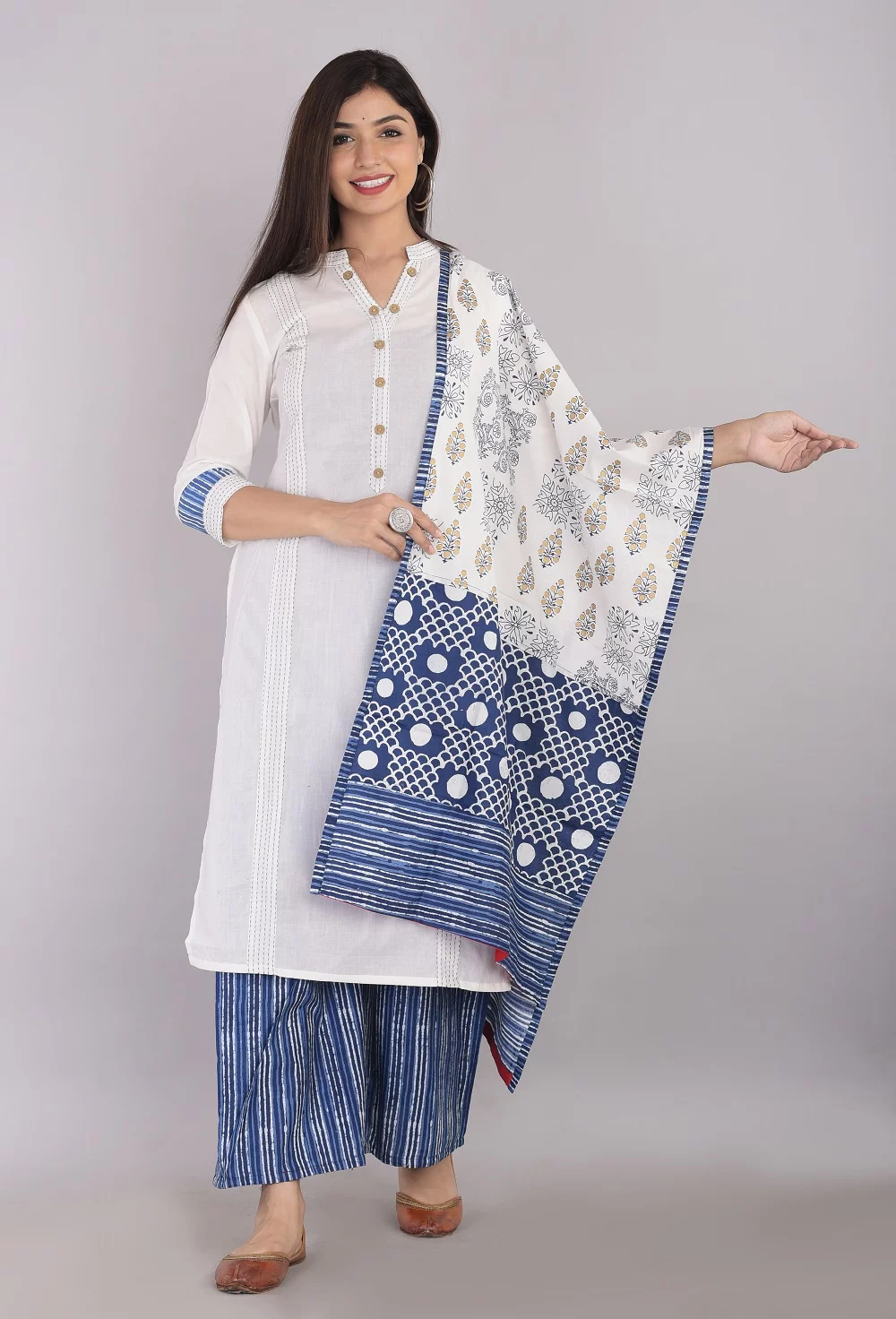 Pure Cotton Blue Lining Palazzo with White Kurti and Printed Dupatta