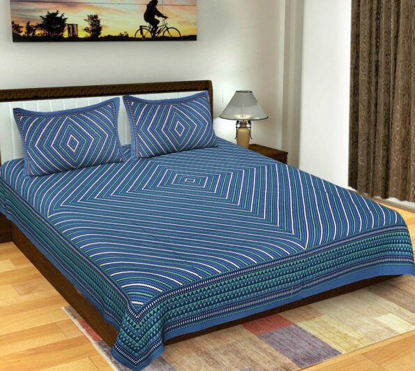 Traditional Geometric Blue Color Lining Print Double Bedsheet
