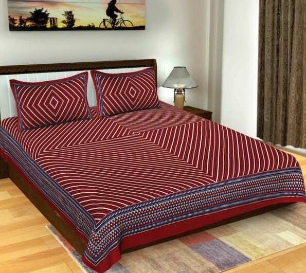 Traditional Sanganeri Print Dark Red Color Pure Cotton Double Bedsheet