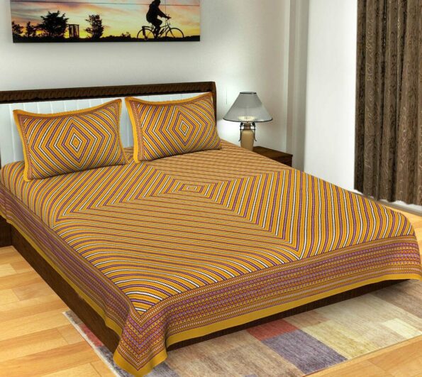 Traditional Sanganeri Print Dark Yellow Color Pure Cotton Double Bedsheet