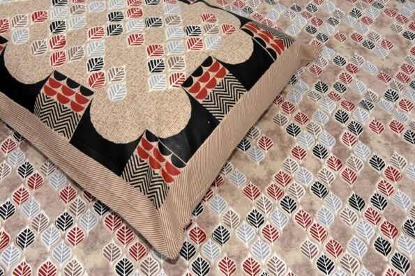 Beautiful Design Brown Base Leaf Pattern Giza Cotton Double BedSheet Close up
