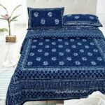Indigo Dark Blue Color Square Border Double Bedsheet
