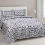 Stylish Grey Square Waves Floral Print Double Bedsheet