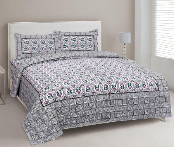 Stylish Grey Square Waves Floral Print Double Bedsheet