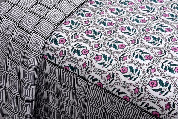 Stylish Grey Square Waves Floral Print Double Bedsheet Close up