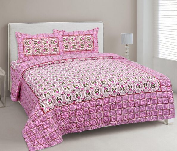Stylish Pink Square Waves Floral Print Double Bedsheets