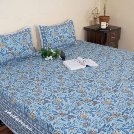 Beautiful Blue Base Floral King Size Bedsheet with Two Pillow Covers (108×108)