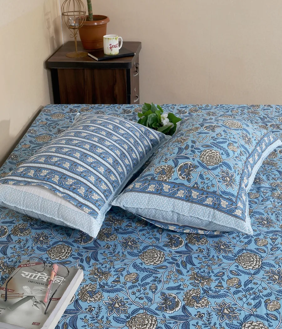 Beautiful Blue Base Floral King Size Bedsheet with Two Pillow Covers
