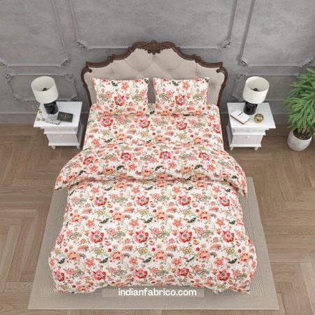 Pure Cotton Pink Flowers Double Bedsheet + Comforter Set with Two Pillow Cover