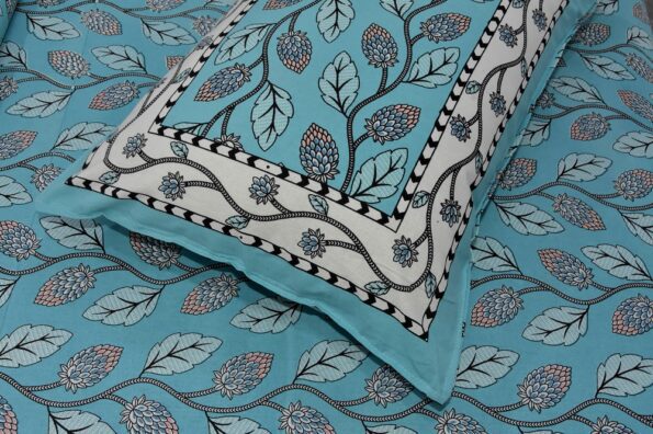 Sky Blue Color Leaf Pattern Double Bedsheet with Two Pillow Cover