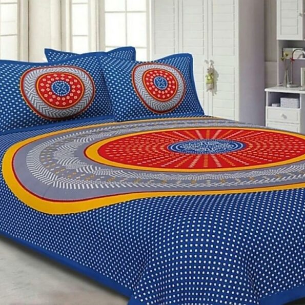 Traditional Sanganeri Bandhej Print Blue Color King Size Pure Cotton Double Bedsheet View