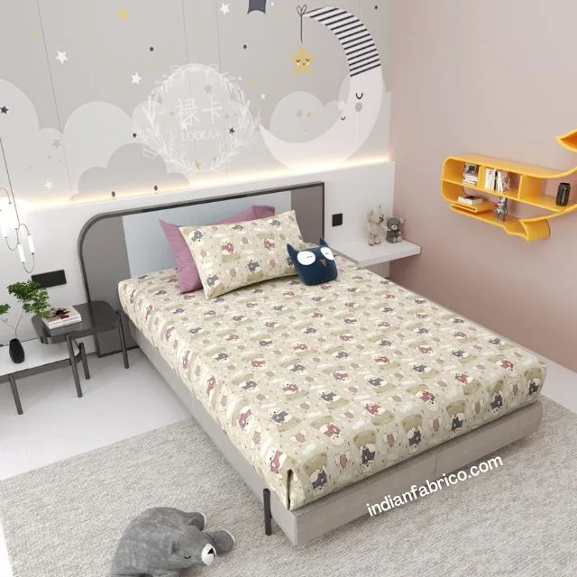 Cream Brown Panda Kids Bedsheet with One Pillow Cover