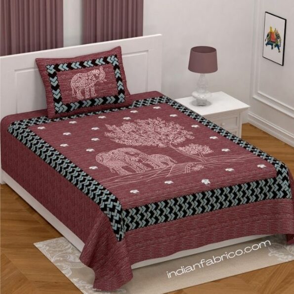 Dark Cherry Giza Cotton Animal Print Single Bedsheet with One Pillow Cover