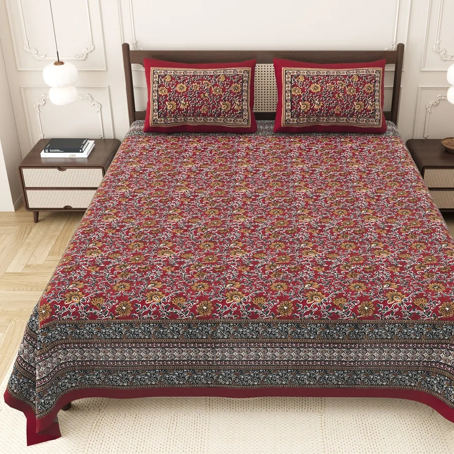 Beautiful Red Floral Print Double Bedsheet Covers