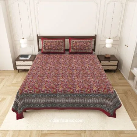 Beautiful Red Floral Print Double Bedsheet with Two Pillow Covers