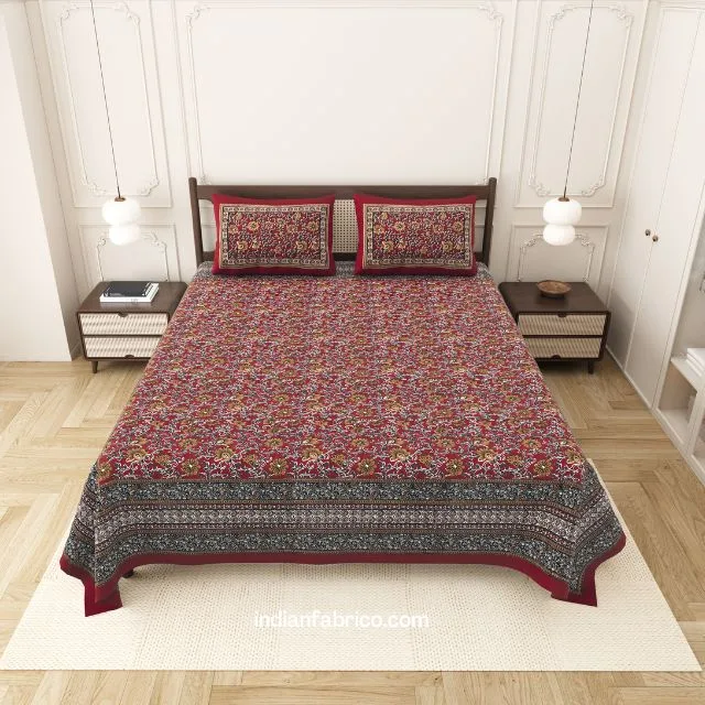 Beautiful Red Floral Print Double Bedsheet with Two Pillow Covers