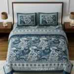 Dark Teal Beautiful Floral Print Double Bedsheet