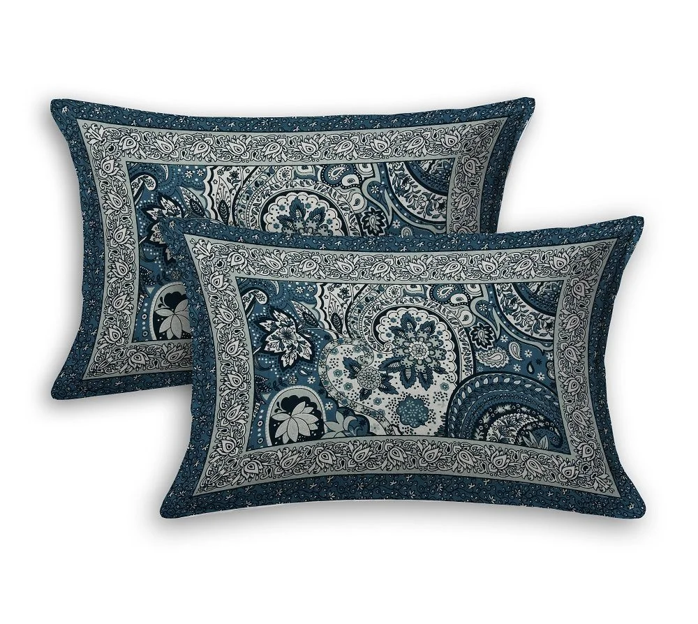 Dark Teal Color Beautiful Floral Print King Size Bedsheet Pillow Cover