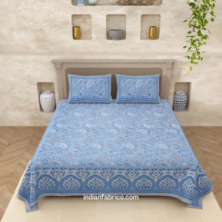 Ethnic Jaipuri Blue Floral Print Sky Color Double Bed Sheet