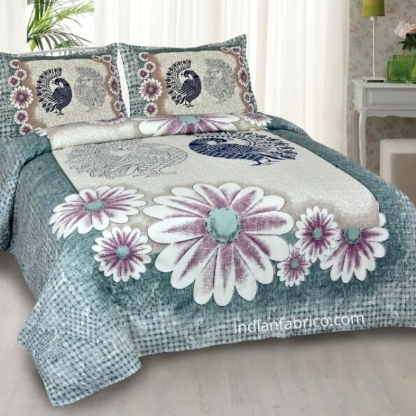 Mayur Vatika Teal Color King Size Bedsheet with 2 Pillow Covers Set