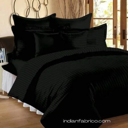 Solid Dark Black Satin Stripe Pure Cotton King Size Bedsheet with 2 Pillow Covers