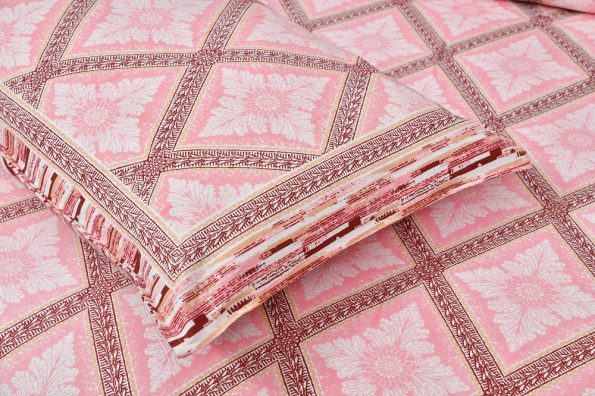 Artistic Modern Pink Floral Checkered Jaipuri Print Double Bedsheet Closeup