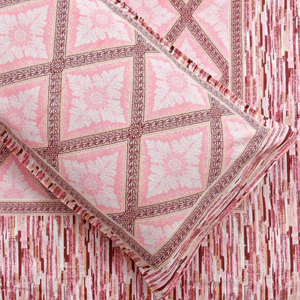 Artistic Modern Pink Floral Checkered Jaipuri Print Double Bedsheets