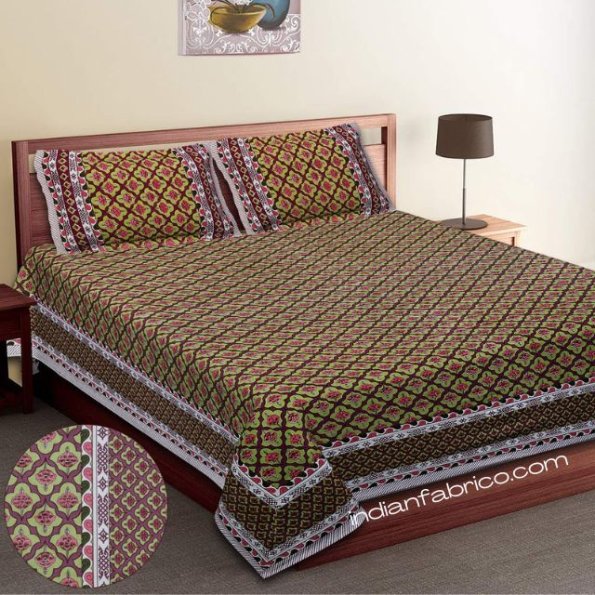 Sky Green Color Leaf Pattern Double Bedsheet with Two Pillow Covers