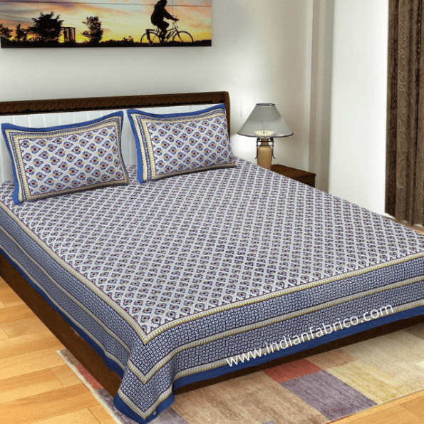 Traditional Sanganeri Peacock Print Blue Color Double Bedsheet