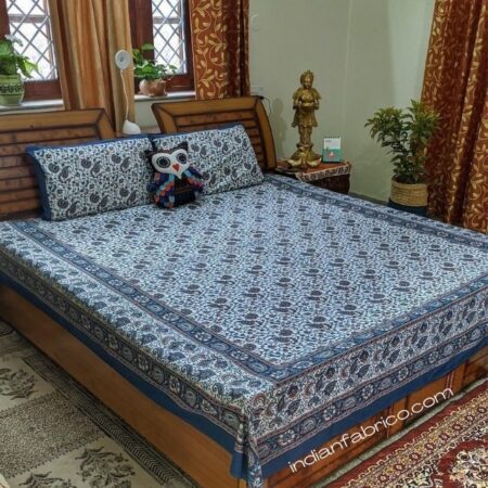 Beautiful Floral Print Blue Double Bedsheets with 2 Pillow Covers Set