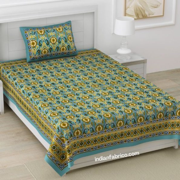 Green Base ikat Teal Floral Print Single Bed Sheet with One Pillow Cover