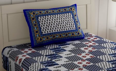 White Base Blue Floral Print Single Bed Sheet Pillow
