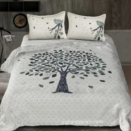 White Base Blue Spring Tree King Size Bedsheet