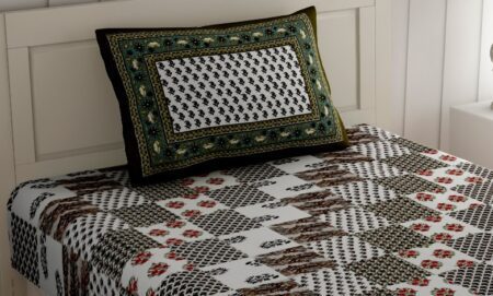 White Base Green Floral Print Single Bed Sheet Pillow