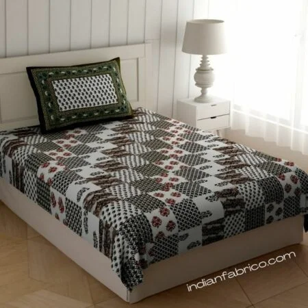 White Base Green Floral Print Single Bed Sheet with One Pillow Cover