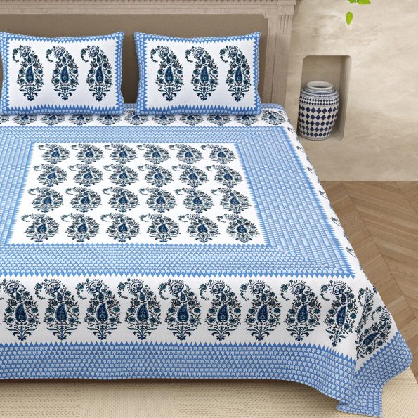 Blue Base Floral Paisley Pattern King Size Bedsheet