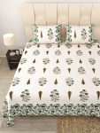 Green Block Print Pure Cotton Double Bedsheet with Two Pillow Covers