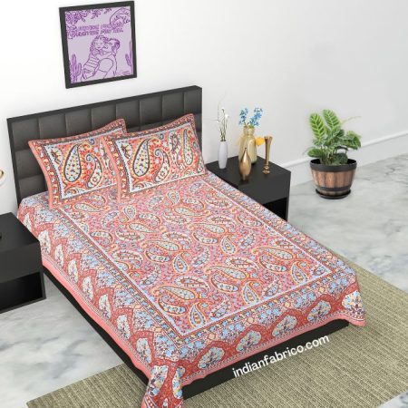 Red Paisley Floral Diwan Size Bedsheet with 2 Pillow Covers
